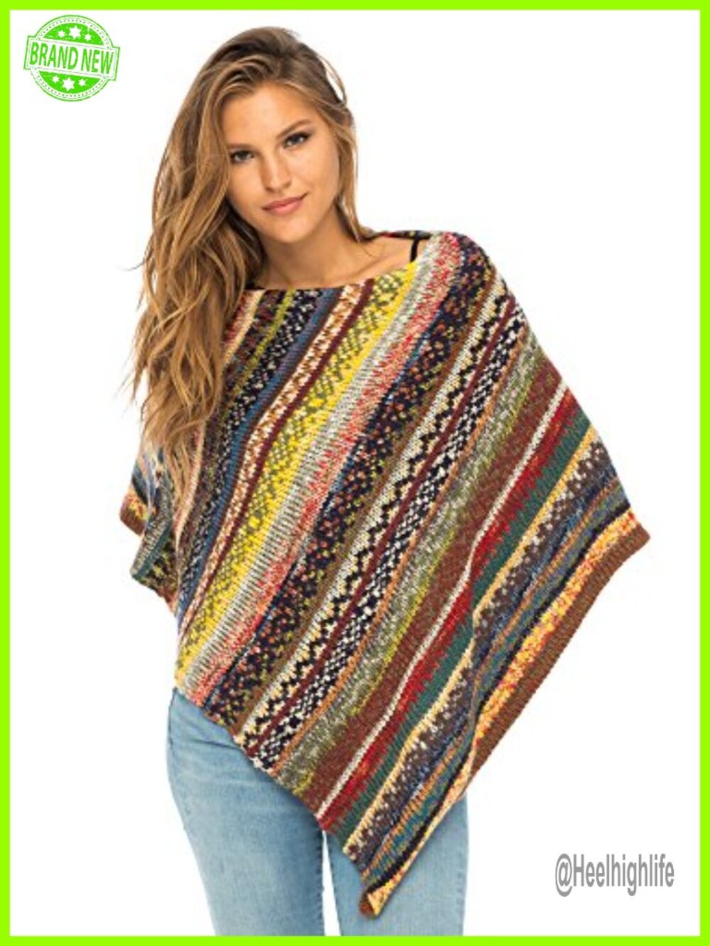 Womens Knit Poncho Sweater Cape Striped Boho Tunic Shawl Boat Neck
